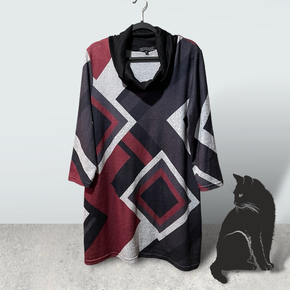 Funsport Black/Burgundy/Grey Geometric Print Cowl Neck Knit Tunic Top